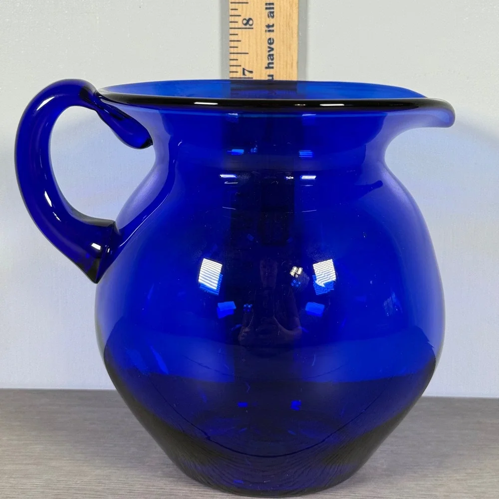 Blenko Cobalt Blue Glass Pitcher Signed 2005 Hand Blown 7.5in USA 2000s